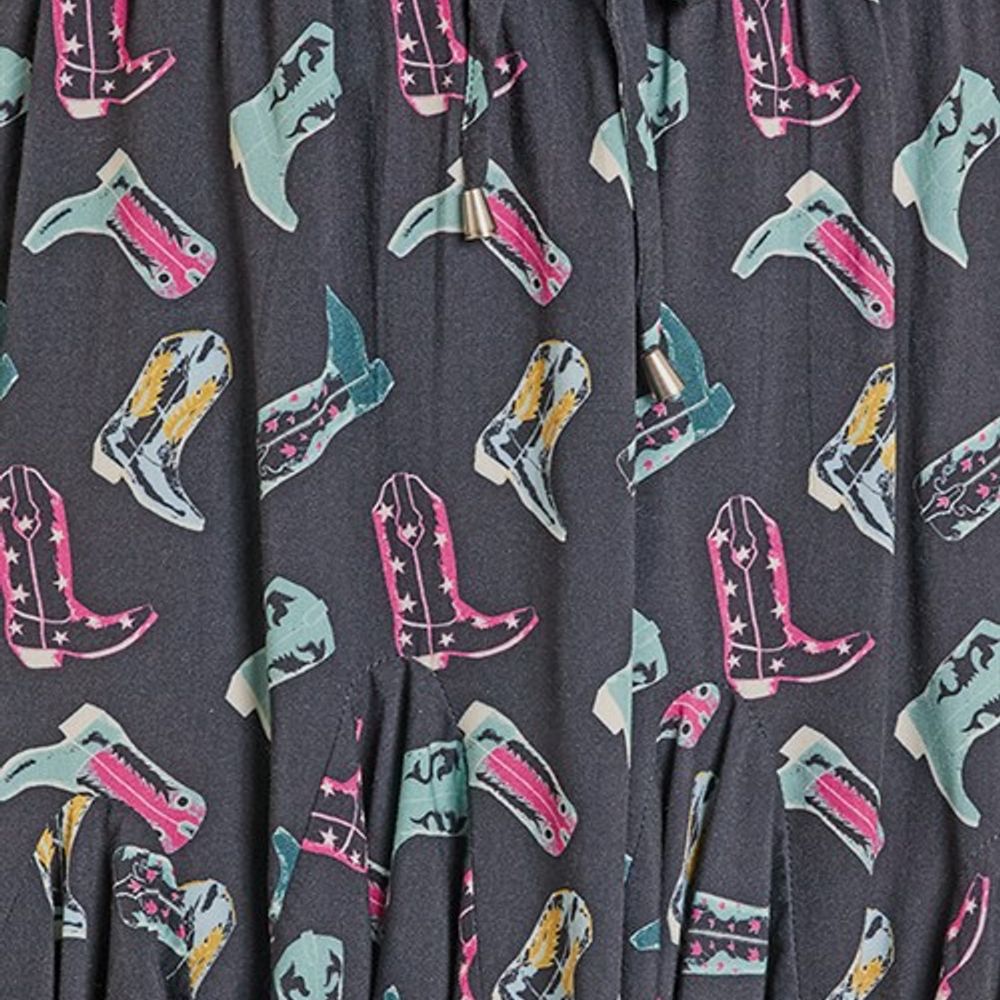 Rock & Roll, Ladies Black Western Boot Print Godet Skirt