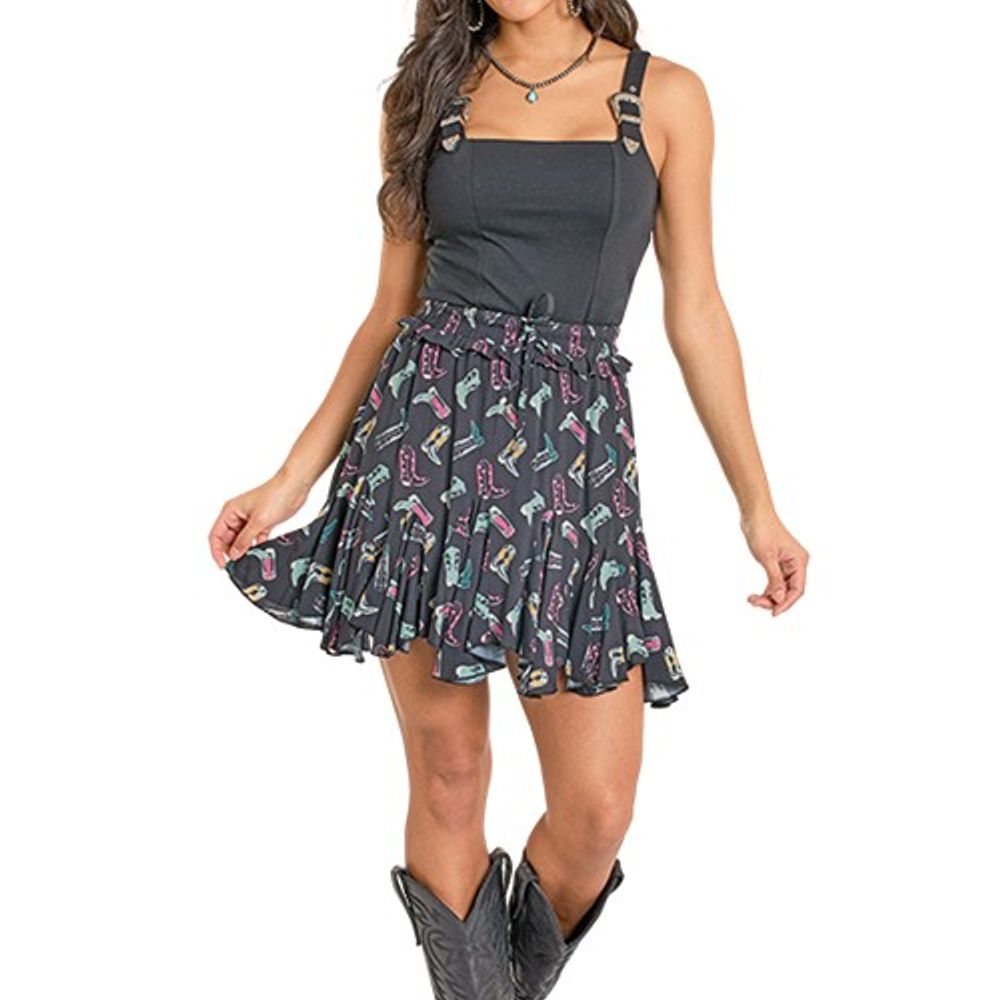 Rock & Roll, Ladies Black Western Boot Print Godet Skirt