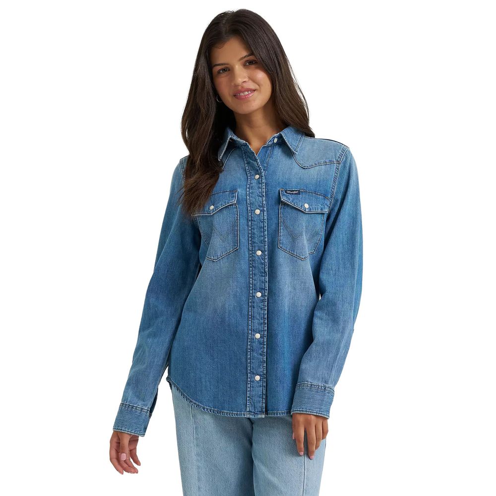 Wrangler Women's Denim Snap Shirt, XS Wrangler Women's Denim Snap Shirt, XS