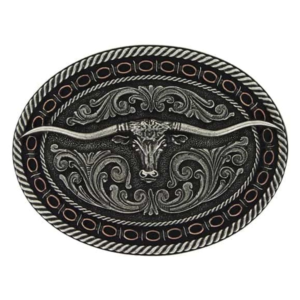 Montana Silversmiths Two Tone Antiqued Round Barbed Longhorn Attitude Buckle, A742