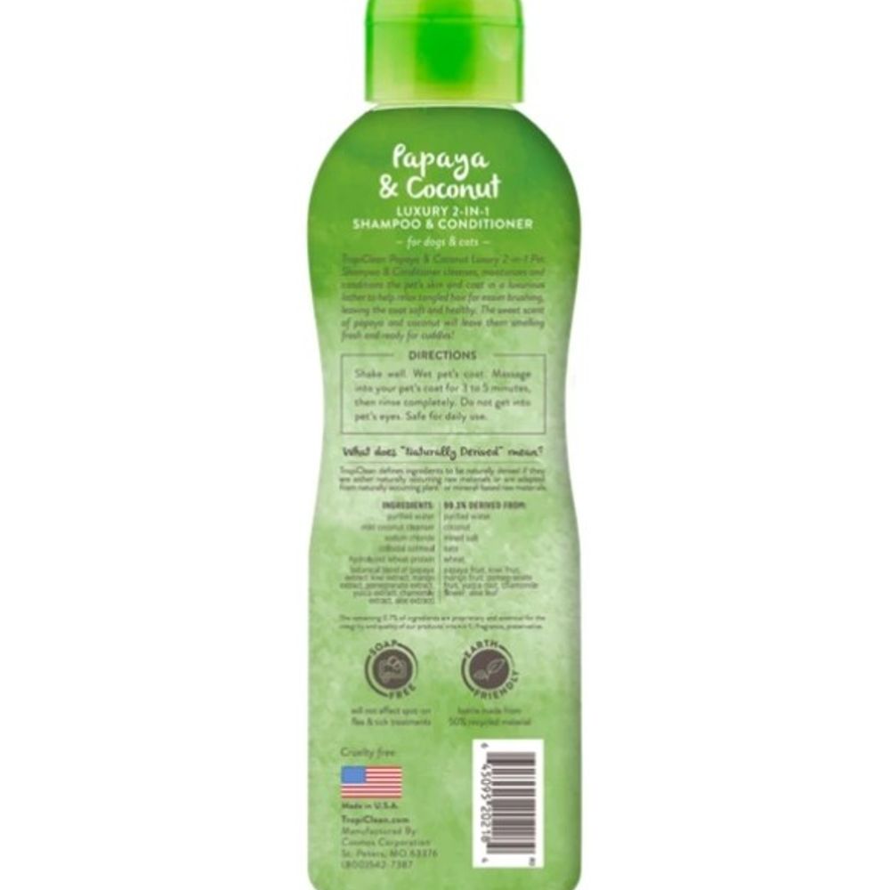 Tropiclean, Papaya & Coconut Luxury 2-in-1 Pet Shampoo & Conditioner, 20 oz 